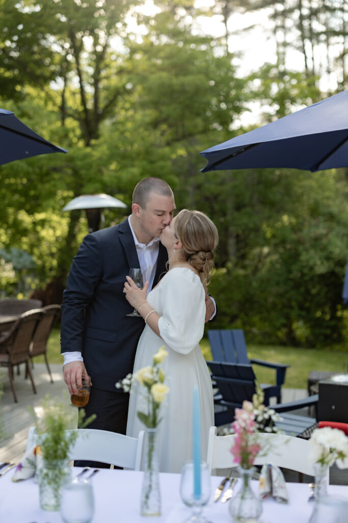 candid wedding photo at reception dinner. 