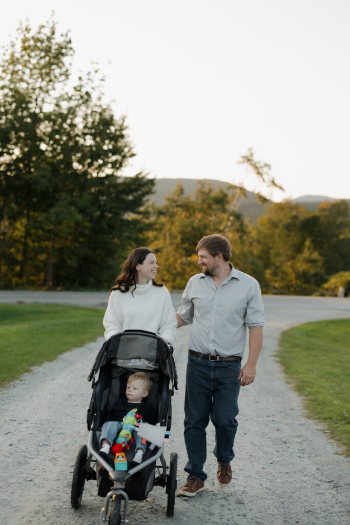 Stowe, Vermont photoshoot walking in the fall foliage.