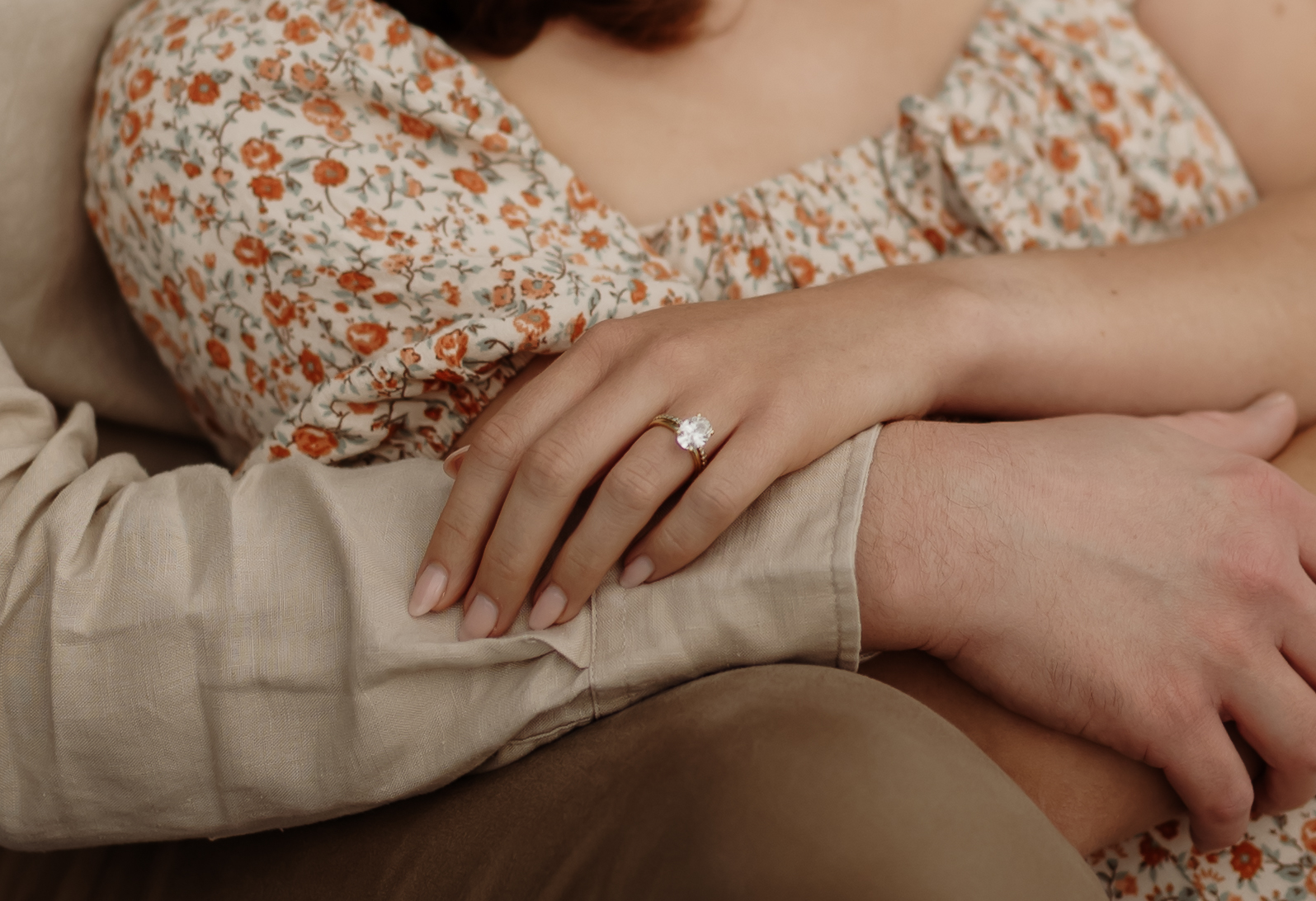 Detail oval diamond ring photo at Vermont engagement photoshoot.