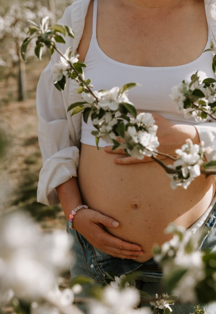 Damini Photography capturing a Newborn and Maternity Photoshoot among the Vermont Spring Apple Trees. 