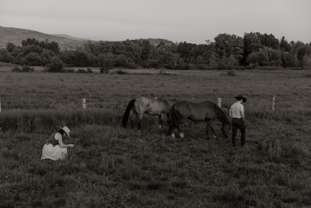 Lear What to Wear for a Vermont Engagement Session. Similar to this  Vermont Engagement Photo with Groom and Horse, Bride Picking Wildflowers