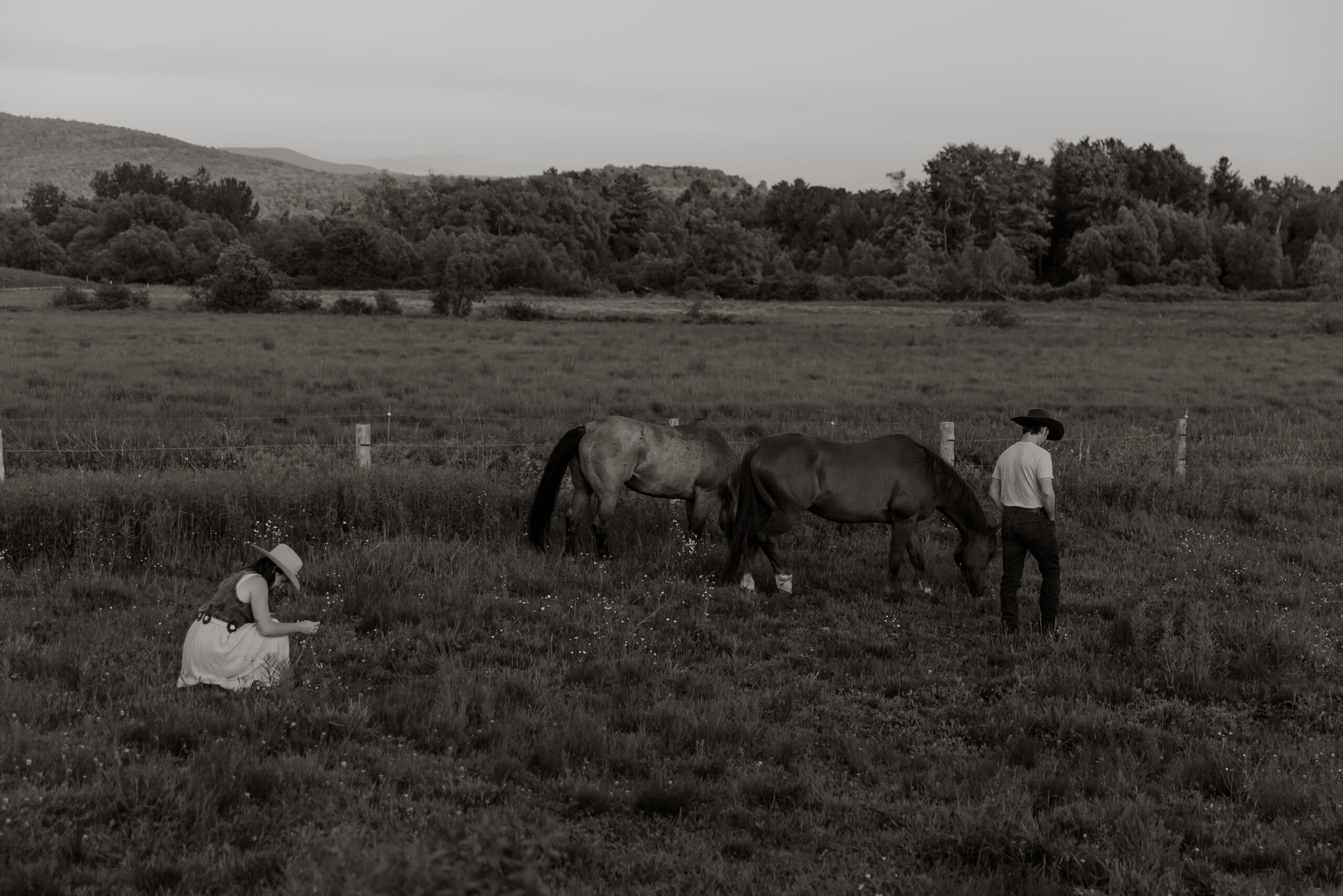 Rustic Vermont Engagement Photo with Groom and Horse, Bride Picking Wildflowers